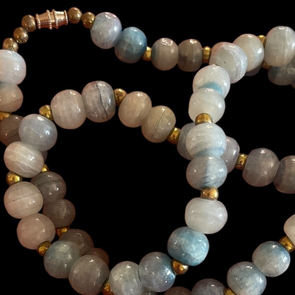 Lemurian Aquatine Calcite Necklace  Blue W/Gold colored accent Beads 25" round